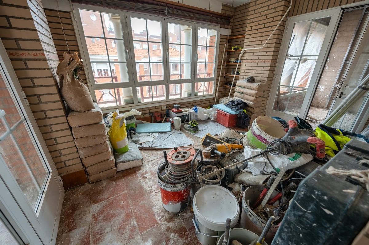 Renovation debris and materials cleared from a work area